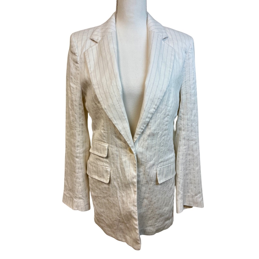 BANANA REPUBLIC White Linen Pinstripe Blazer 10 White Tailored Quiet Luxury Work